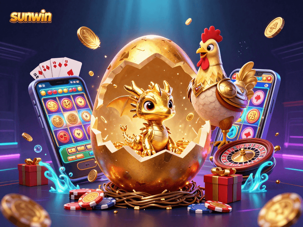 Experience thrilling games with sunwin as a golden dragon emerges from a nest of poker chips.