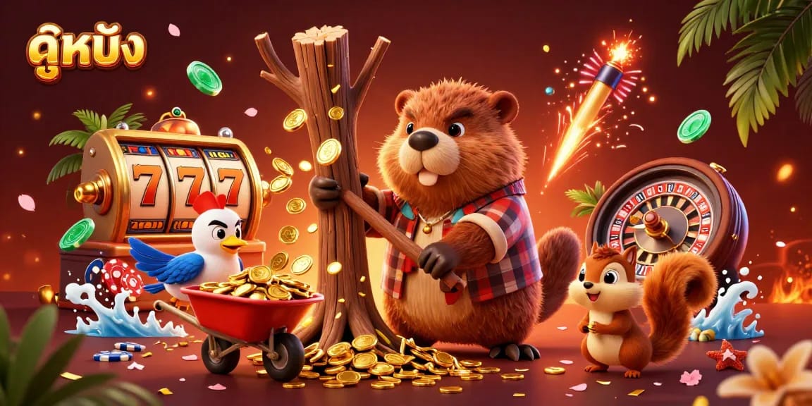 Experience ดูหนัง through a vibrant casino scene where characters enjoy winning moments amidst golden coins and fireworks.