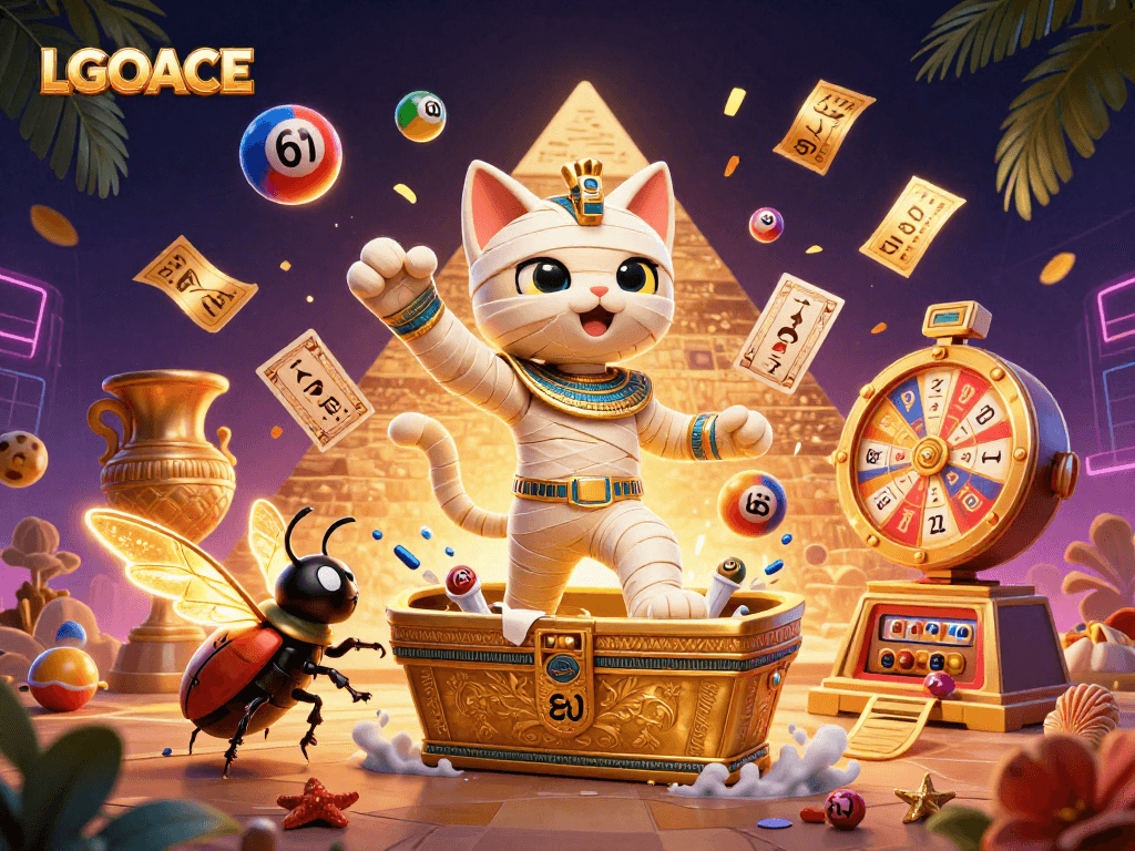 Join the excitement at LGOACE with a vibrant casino scene featuring an Egyptian mummy cat, a scarab beetle, and lottery elements.