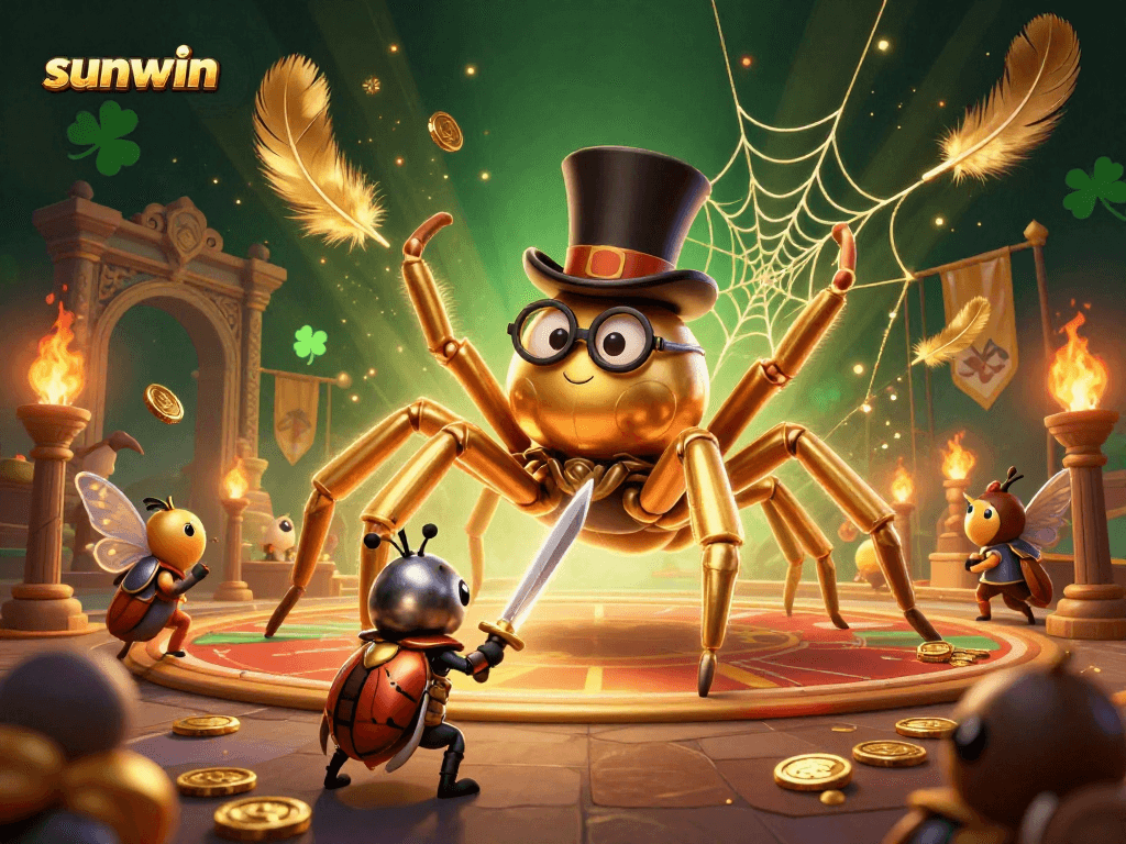 Experience the excitement of sunwin with a thrilling casino battle featuring a giant golden tarantula and a beetle knight.