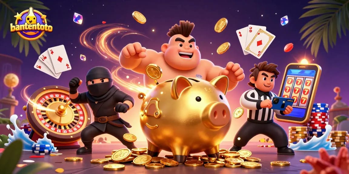 Gambarkan bantentoto dengan sumo emas, ninja dompet, dan wasit kartu dalam aksi di kasino.