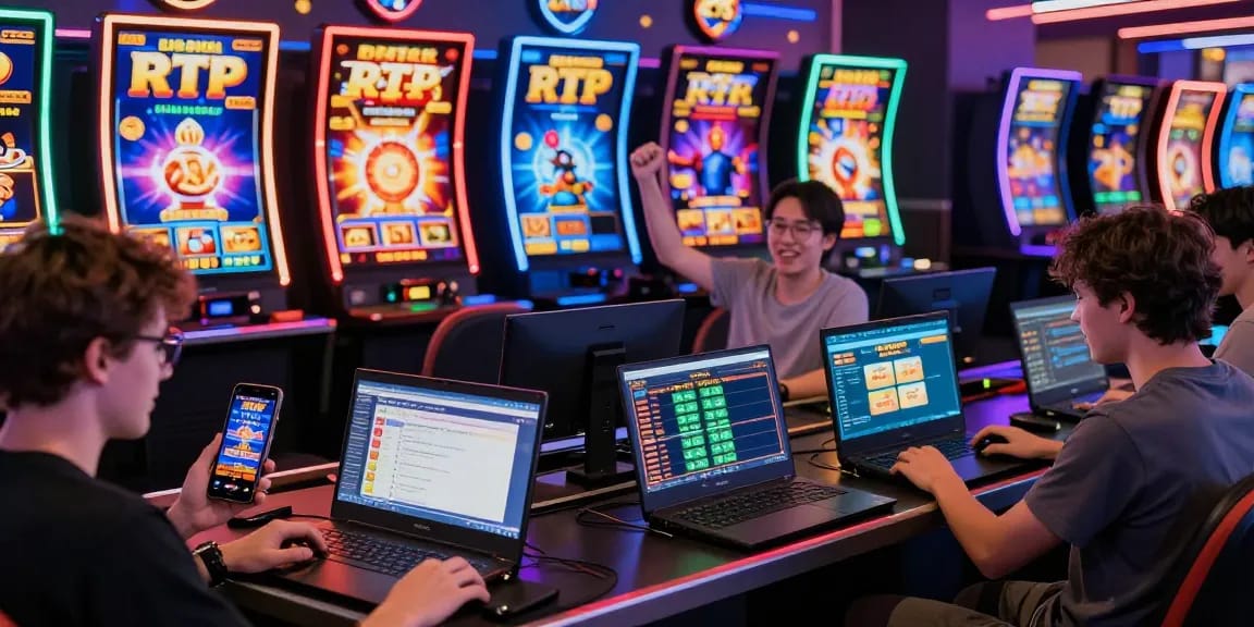 Players engaged in online slot gaming, analyzing RTP data for better strategies.