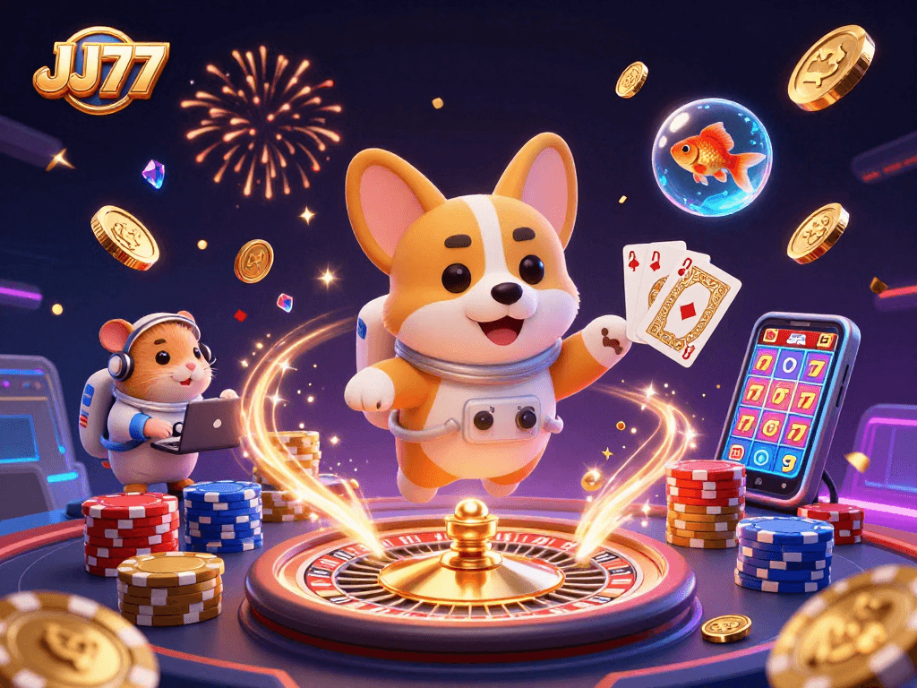 Engage with JJ77's thrilling universe as a cartoon astronaut corgi plays in a vibrant space station casino.