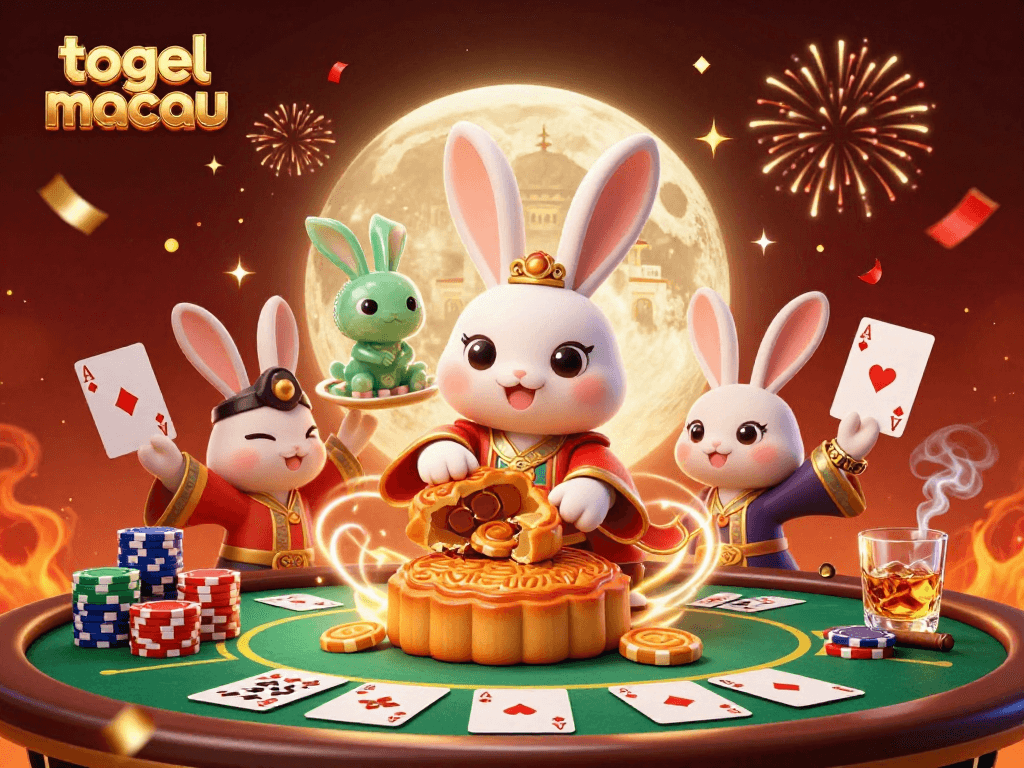 Engage in togel macau excitement with a vibrant 3D scene featuring moon rabbits and poker charm.
