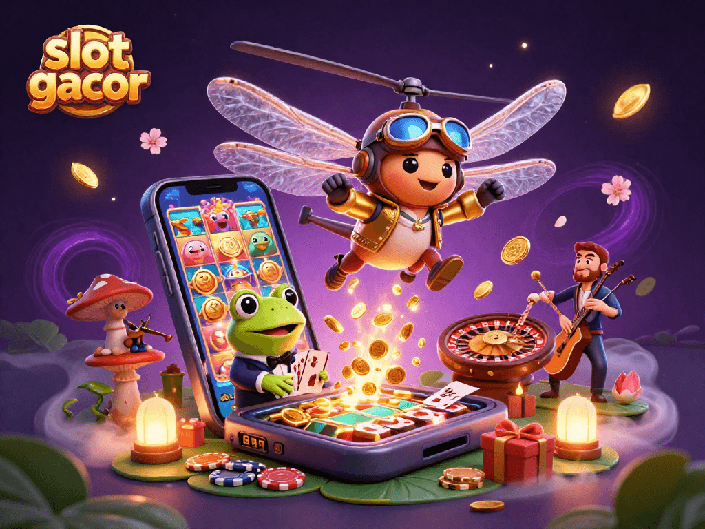 Mainkan slot gacor dengan ilustrasi kasino yang ramai dan karakter komedi dalam suasana yang magis.