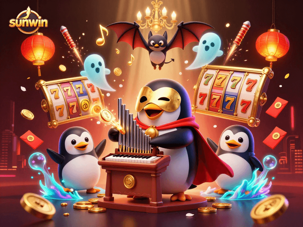 Experience sunwin's vibrant slot games with a whimsical 3D casino illustration featuring dynamic characters.
