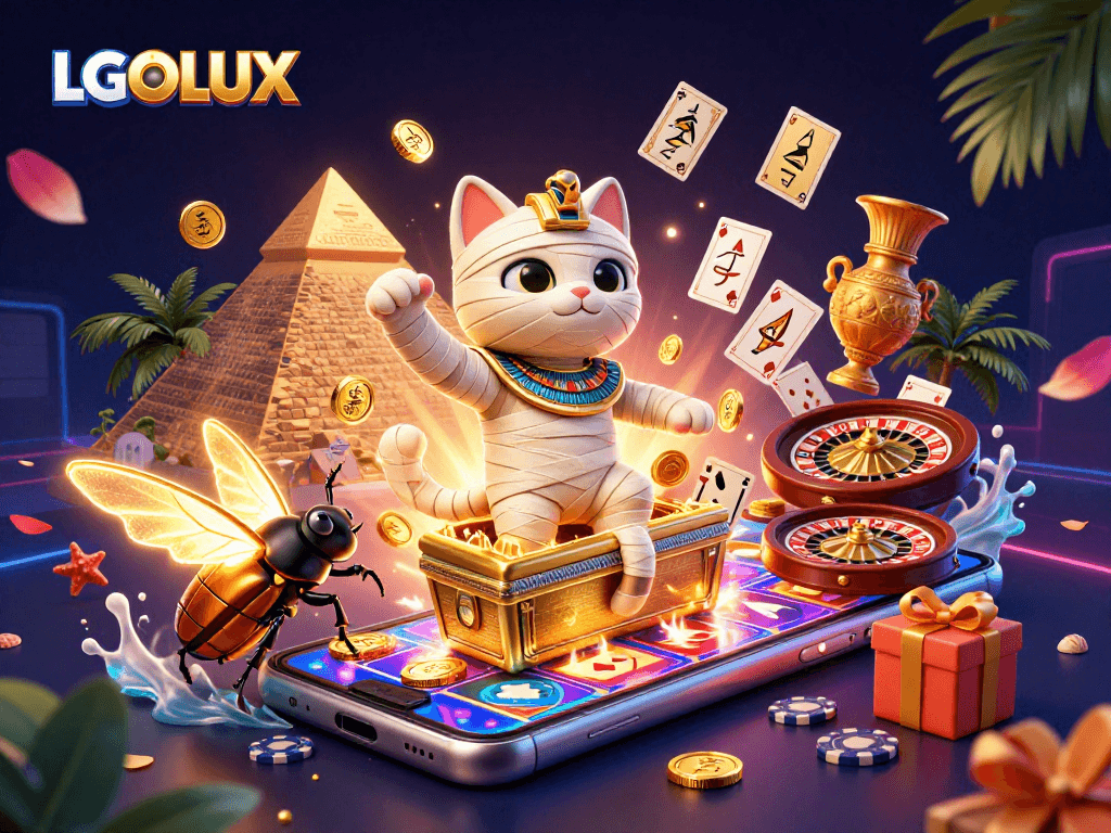 Engage with LGOLUX's vibrant online slots featuring a mummy cat, scarab beetle, and golden coins.
