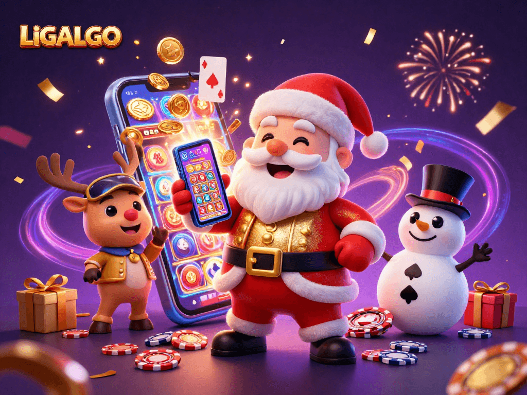 LIGALGO showcases Santa in a casino scene, promoting online sports betting and gaming excitement.