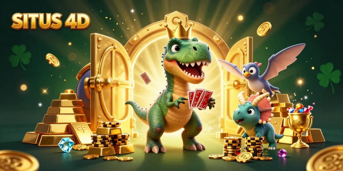 SITUS 4D menampilkan T-Rex lucu bermain kartu sambil dikelilingi harta karun gemerlap.