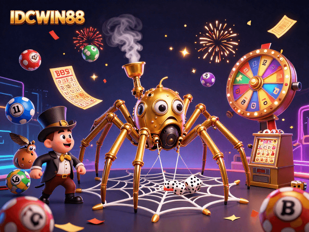 Experience winning thrills with IDCWIN88 in this vibrant casino-inspired 3D illustration.