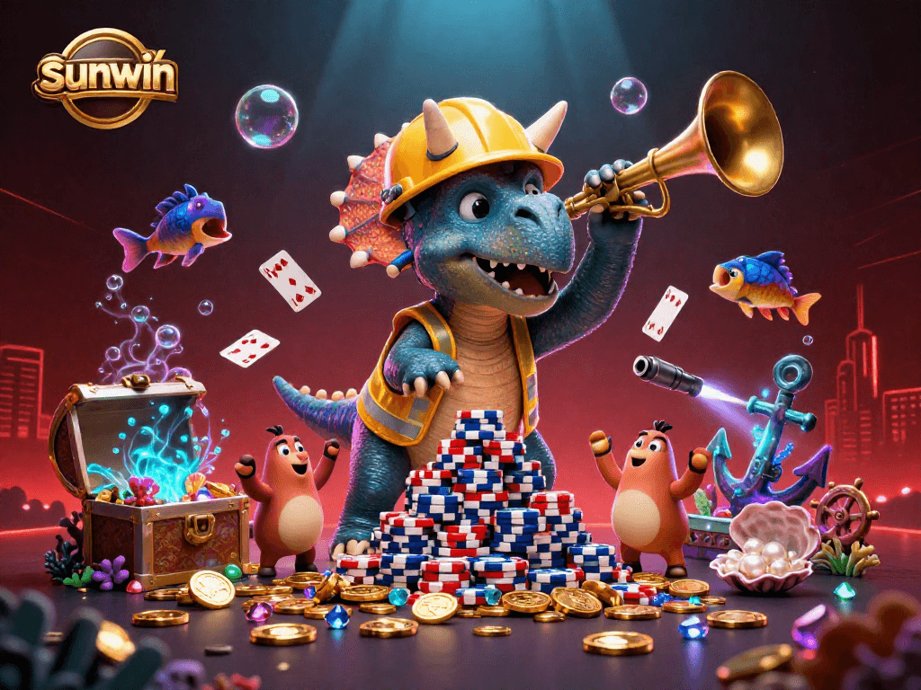 Engage in the sunwin casino challenge with the triceratops building poker chip pyramids underwater.