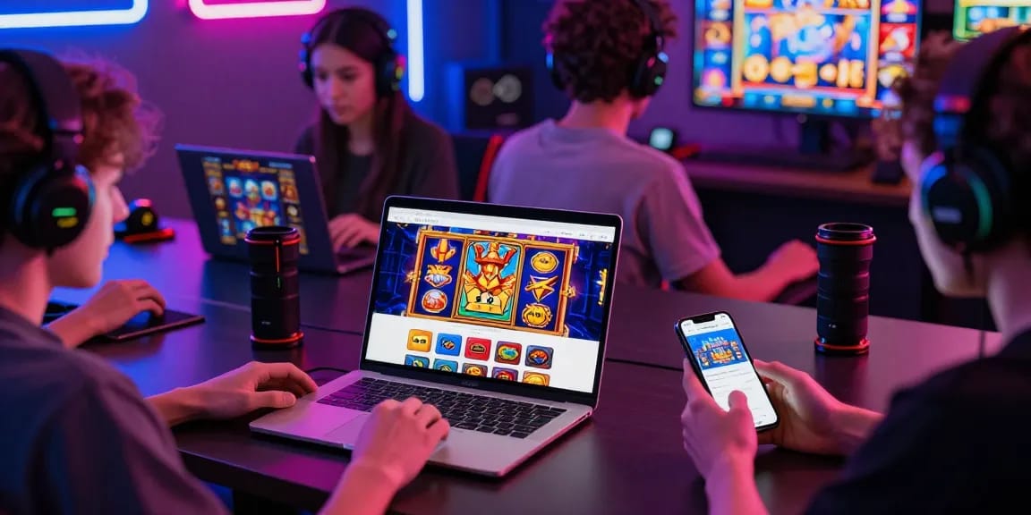 Engaged players exploring situs slot gacor on modern devices in a vibrant gaming atmosphere.