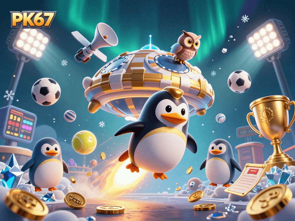 Experience thrilling PK67 gaming with a golden penguin flying towards a casino space station.