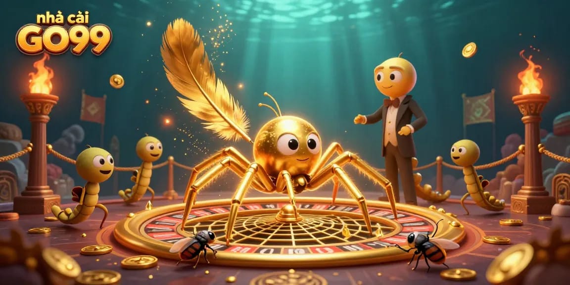 Place bets at nhà cái GO99 in a vibrant, animated casino scene with characters and golden elements.