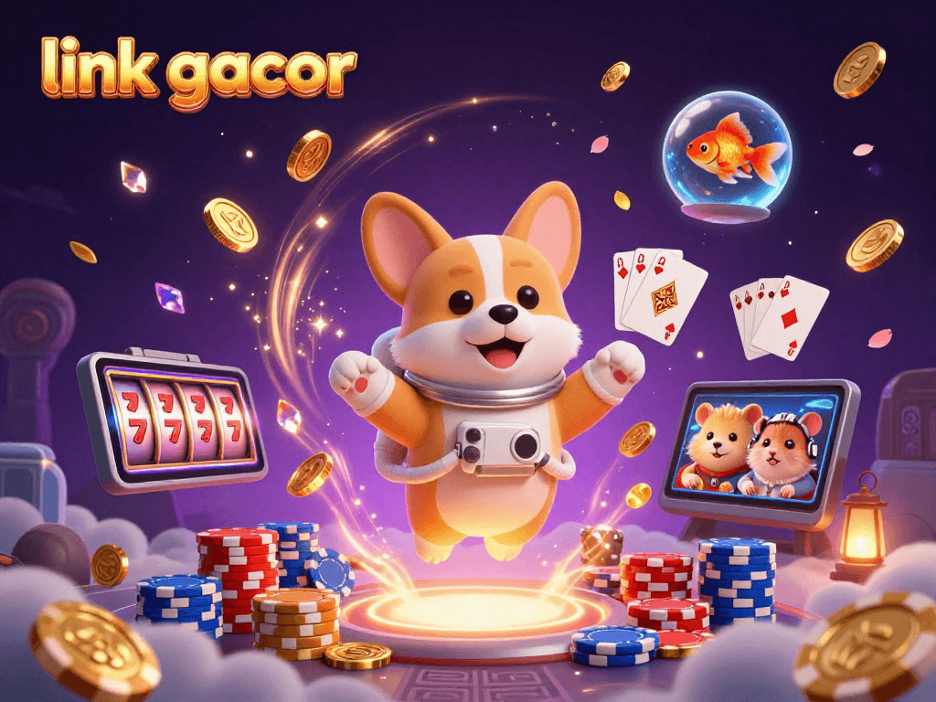 Experience gaming thrills with link gacor in a captivating space casino scene featuring a corgi and friends.