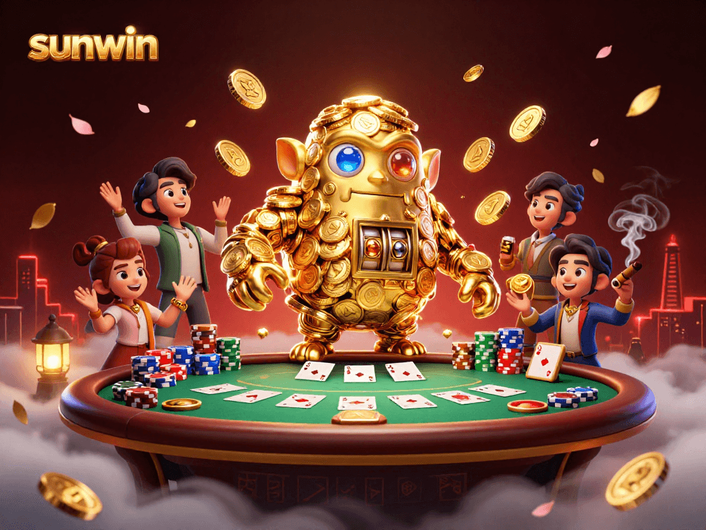 Engage in the thrilling world of Sunwin with a 3D golden golem and poker scene.
