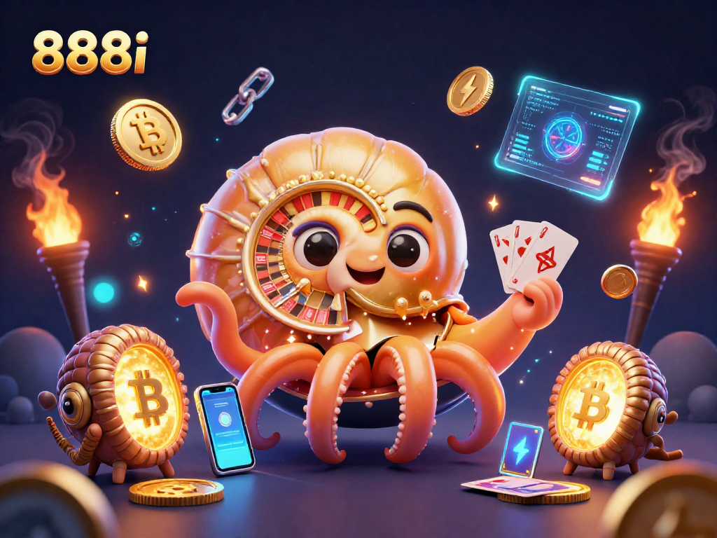 Experience thrilling gameplay with 888i's vibrant 3D casino scene featuring ancient nautilus and glowing cryptocurrency elements.