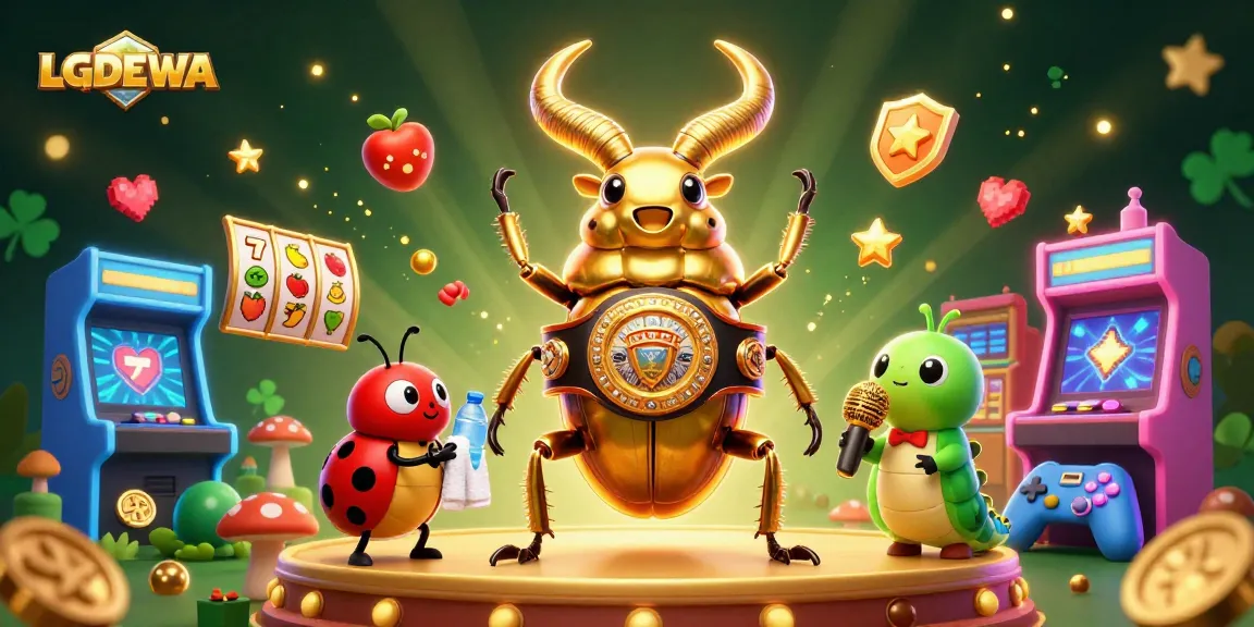 Play slots on LGODEWA with a vibrant 3D illustration of a golden stag beetle and captivating game elements.
