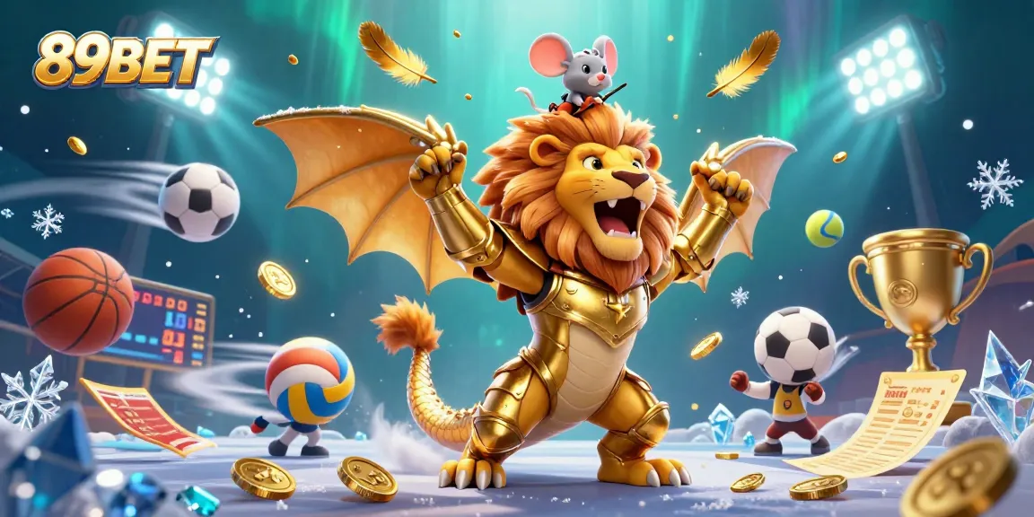 Bet big with 89BET as a chimera champion roars in a dynamic casino scene filled with excitement.