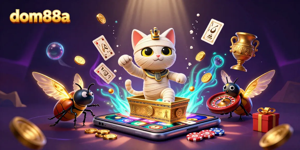 Experience the thrill of dom88a casino with the Egyptian mummy cat and glowing scarab, bursting with action and excitement.