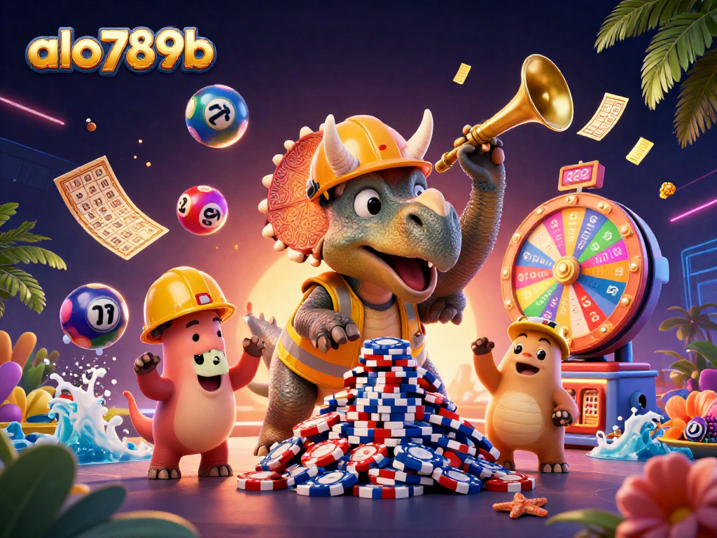 Join the excitement at alo789b with a triceratops building poker chip pyramids in a vibrant casino scene.