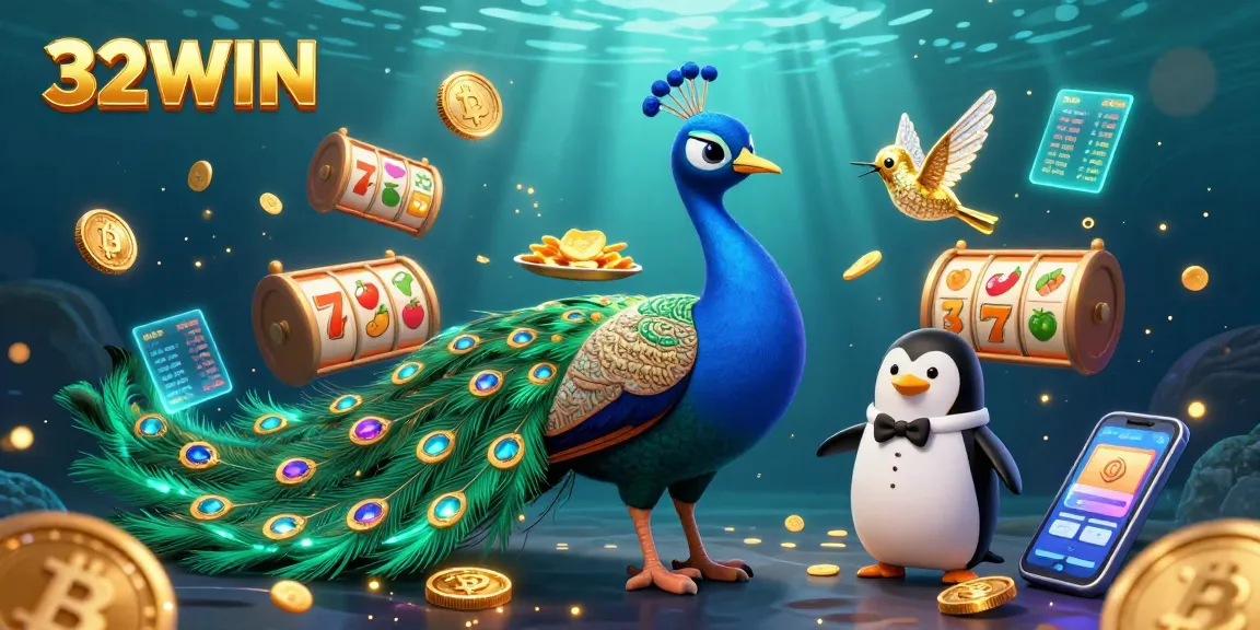 Engage with 32WIN's vibrant casino world featuring unique characters, slot elements, and a mesmerizing underwater backdrop.