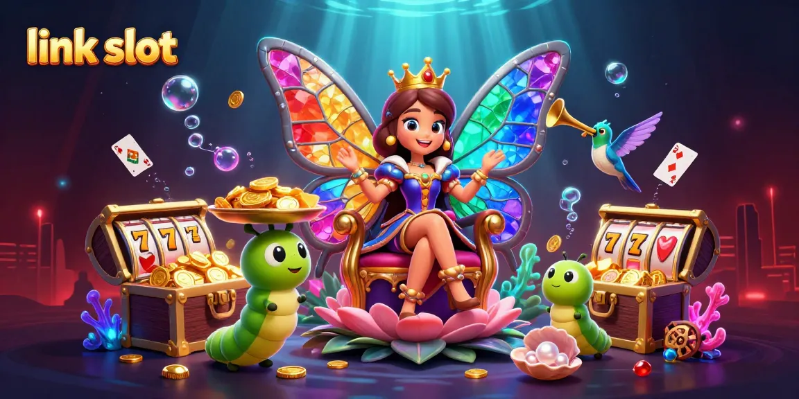 Jelajahi permainan link slot dengan ratu kupu-kupu yang mengagumkan dikelilingi banyak elemen kasino.