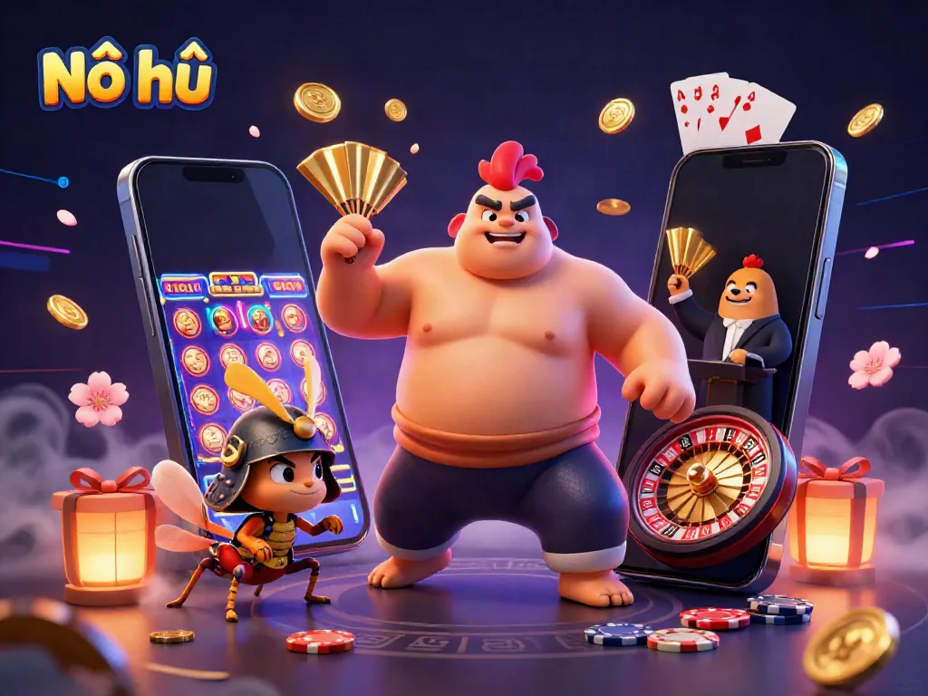 Nổ hũ themed dynamic illustration featuring a powerful sumo wrestler rooster, a fierce samurai cricket, and a tanuki host amidst vibrant casino elements.