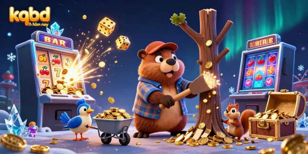 Engage with kqbd anh hôm nay through a fun scene of cartoon characters enjoying a slot machine jackpot.