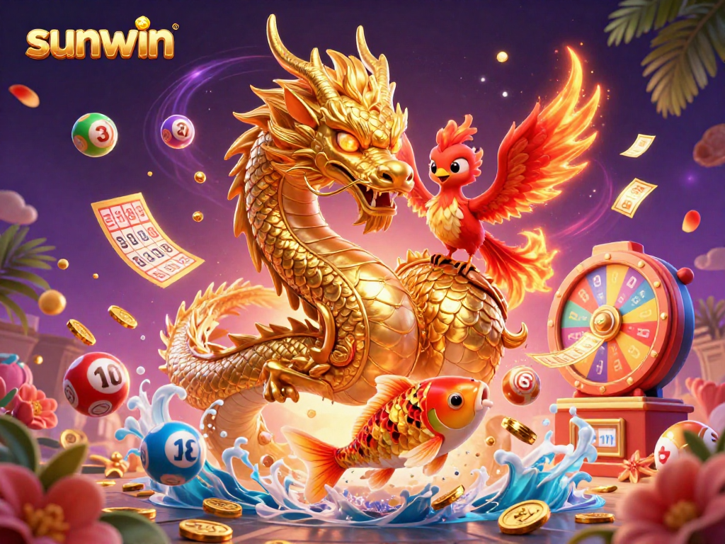Experience thrilling wins with Sunwin: vibrant casino illustration featuring a dragon and phoenix.
