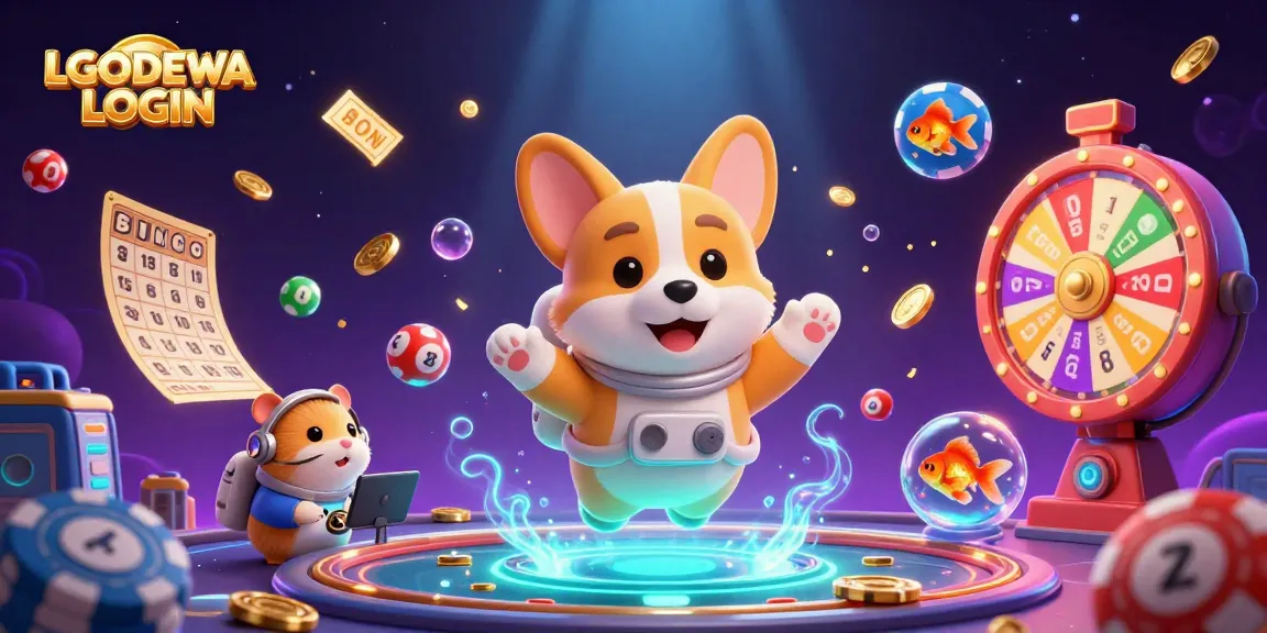 Experience the thrilling LGODEWA LOGIN reveal in a vibrant casino scene with a floating astronaut corgi.