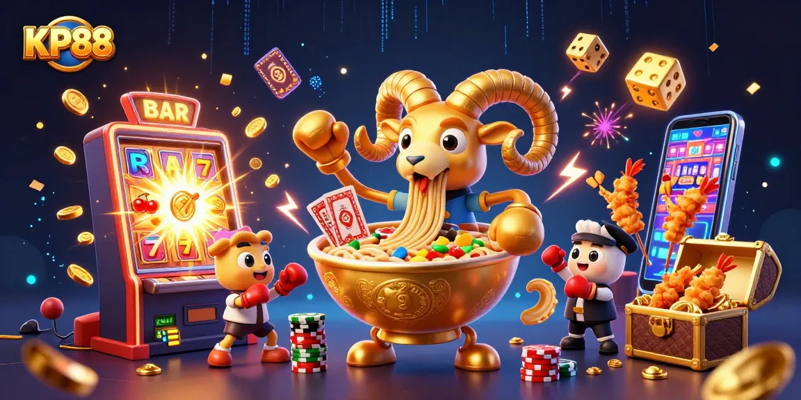 KP88 showcases a vibrant 3D cartoon illustration of a casino-themed scene full of energy.