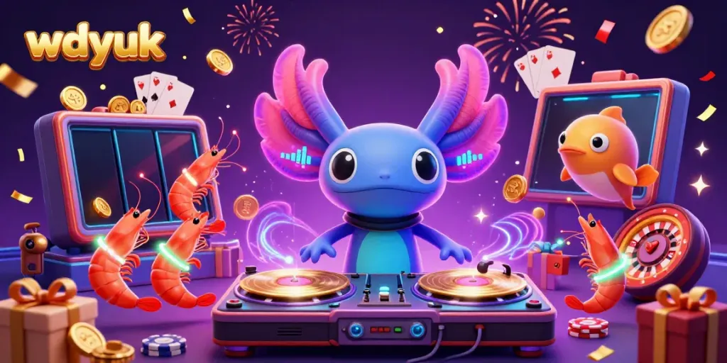 Join the fun with wdyuk's exciting 3D casino scene featuring a neon axolotl DJ and vibrant gambling elements.