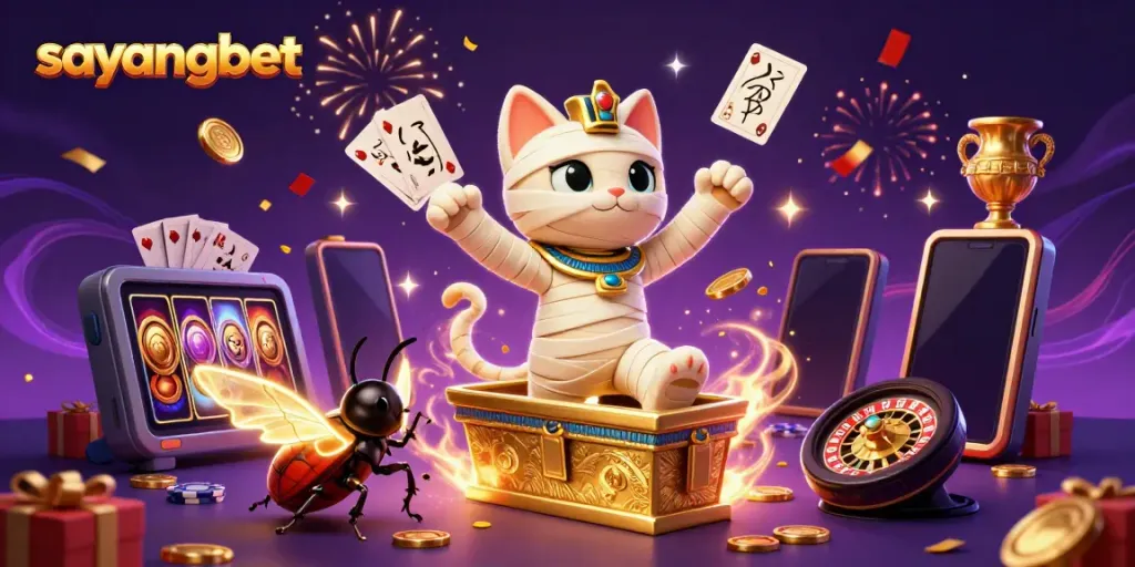 Experience thrilling action at sayangbet with a mummy cat and scarab in a vibrant casino world.