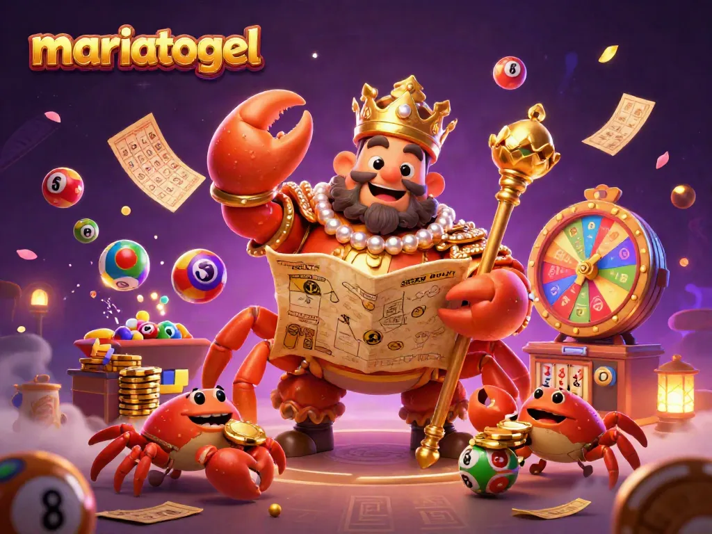 Engage in exciting moments with mariatogel through colorful lottery elements and a majestic crab emperor.