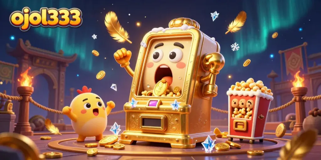 The ojol333 slot machine hits a jackpot, overflowing with coins, cheerfully embraced by baby machines.