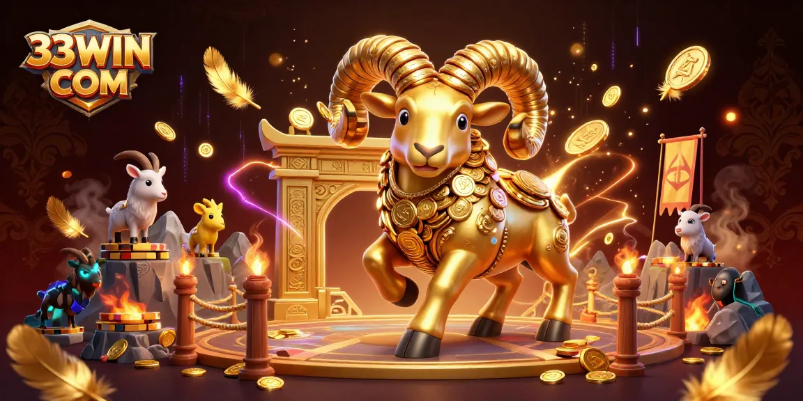 Experience the thrill of 33WIN COM with a vibrant 3D casino scene featuring a golden ram amidst golden coins and dynamic betting elements.