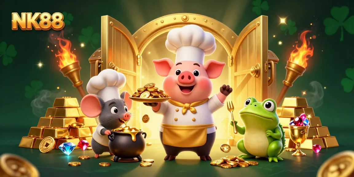 Winning at NK88 casino with exciting gold treasures and lively characters in a vibrant scene.