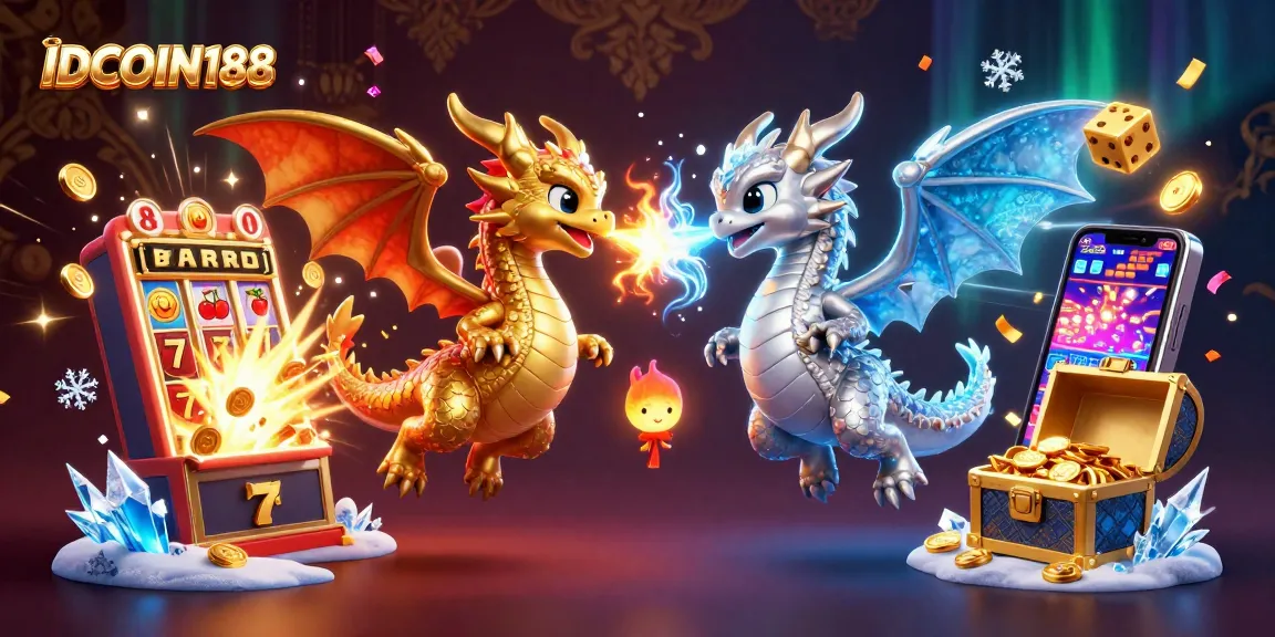 Engage with IDCOIN188 in a thrilling 3D casino scene featuring dragons and slot machines.