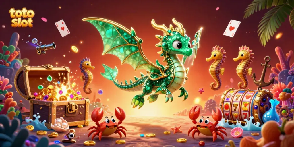 Menangkan hadiah besar di toto slot dengan ilustrasi 3D naga laut dan harta berkilau.