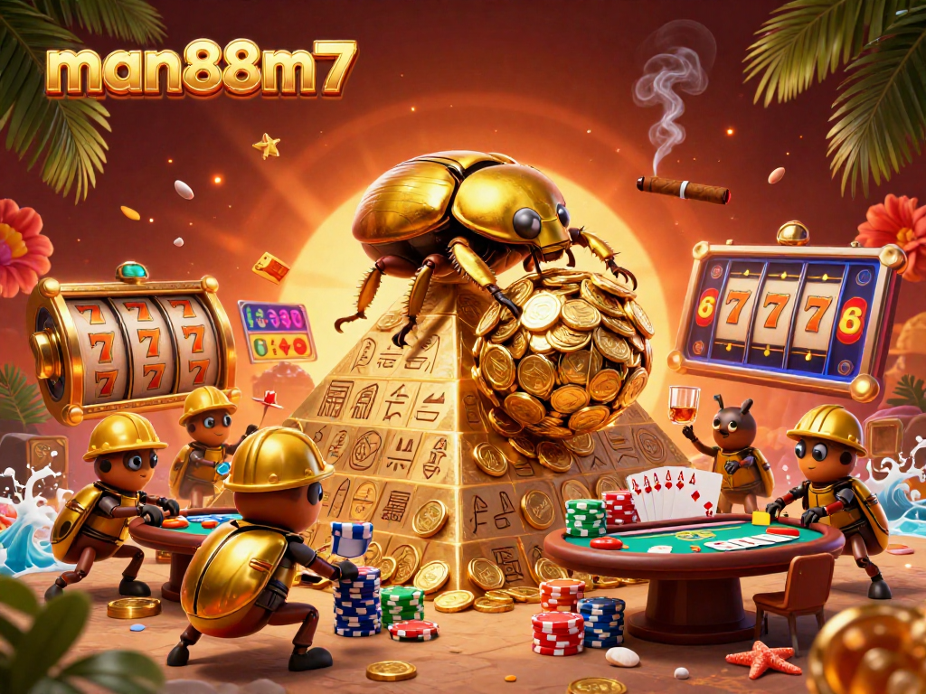 Engage with thrilling games like man88m7 at vibrant casinos filled with golden coins, slots, and poker tables.
