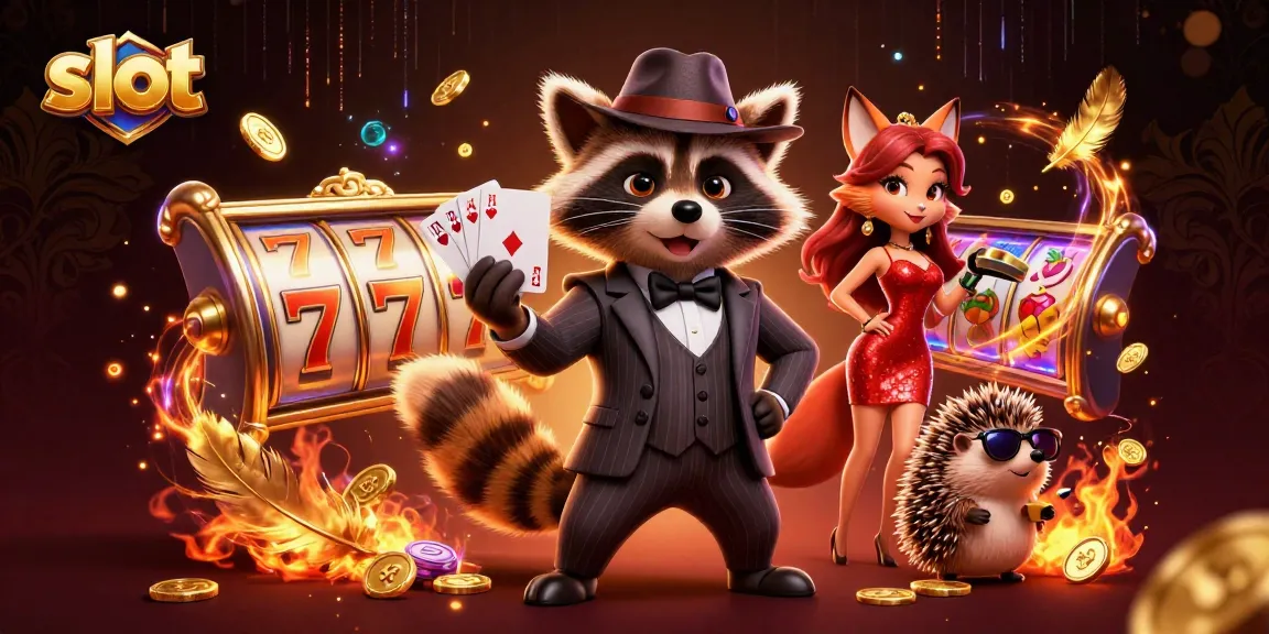 Rasakan keasyikan slot dengan karakter rakun bergaya memegang kartu royal flush.