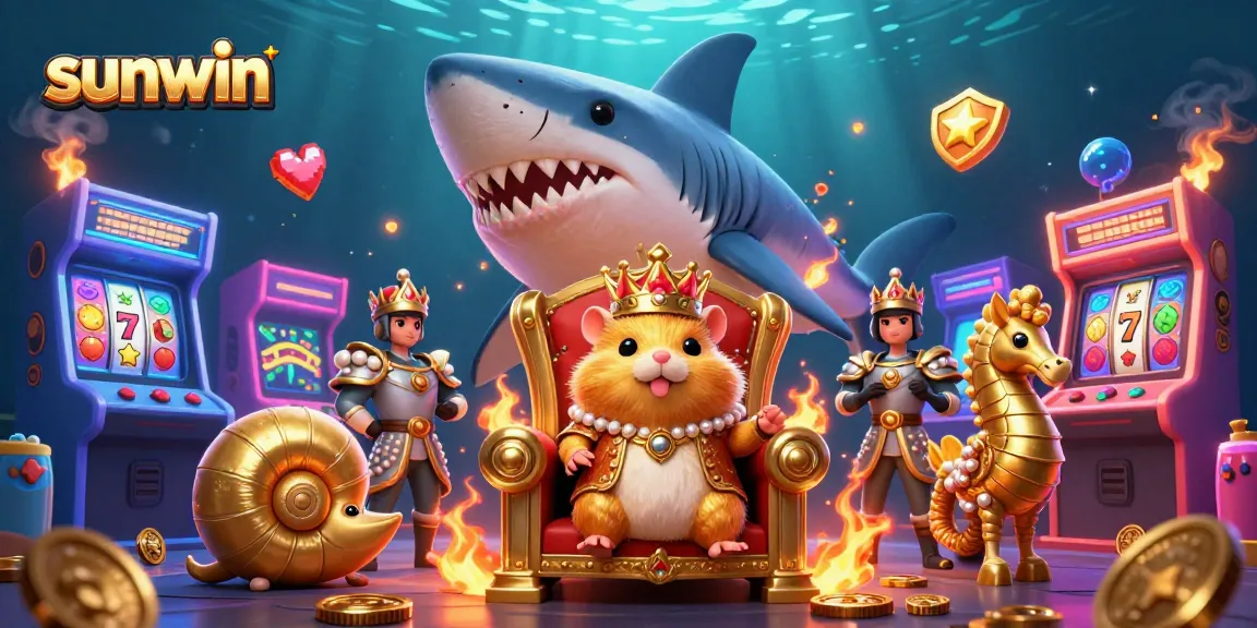 Experience thrilling gameplay with sunwin in this vibrant 3D casino scene featuring a hamster king and gaming elements.
