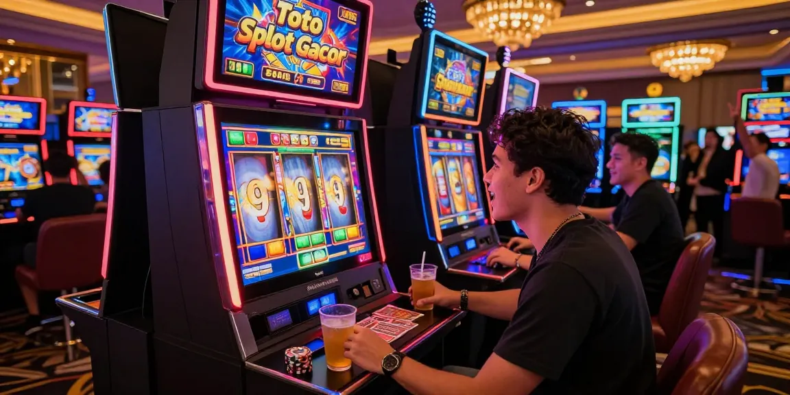 Pengalaman bermain Toto Slot Gacor di kasino yang ramai dengan lampu neon dan suasana meriah.