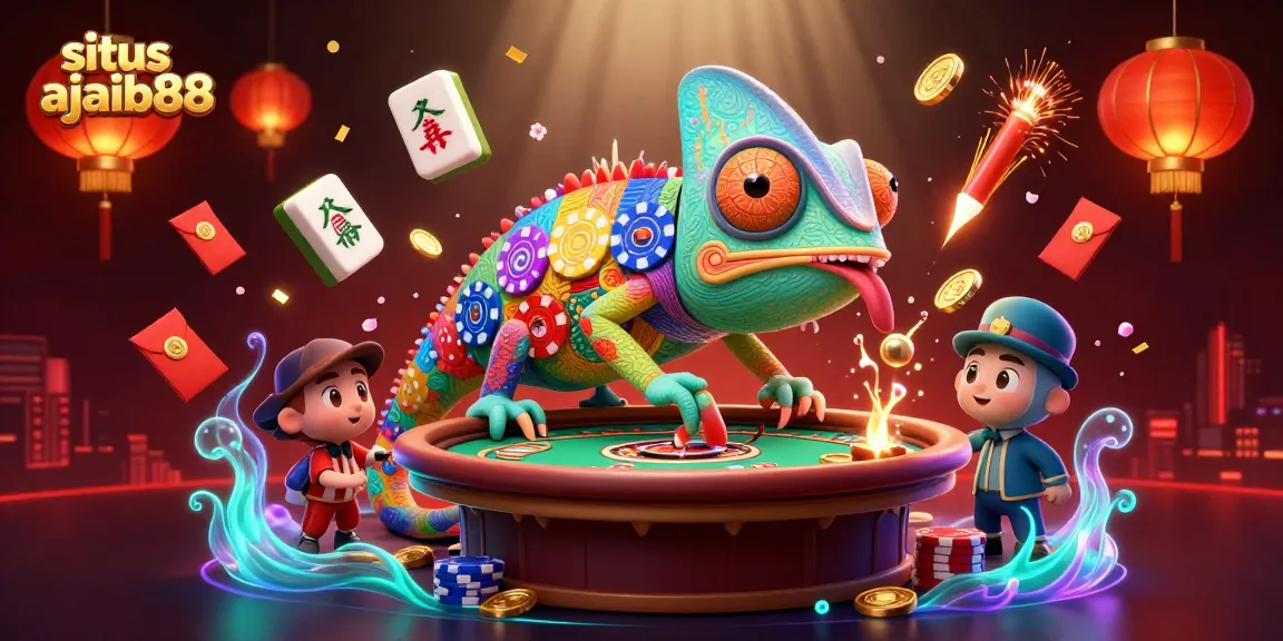 Experience the excitement of situs ajaib88 with a vibrant chameleon casino owner amidst festive elements.