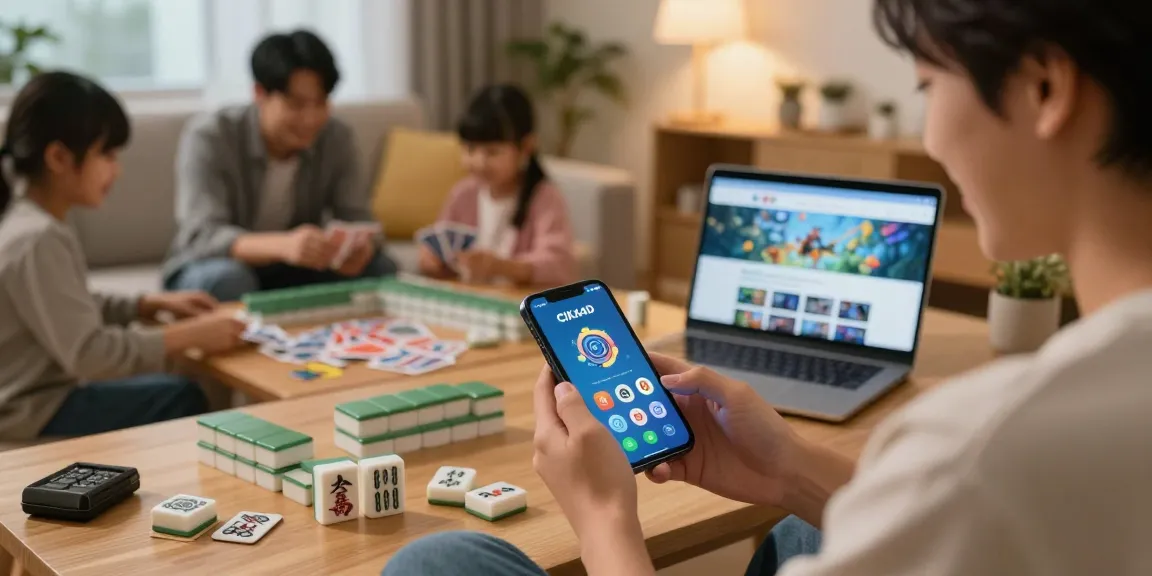 CIKA4D user enjoying Mahjong on smartphone in cozy living room.