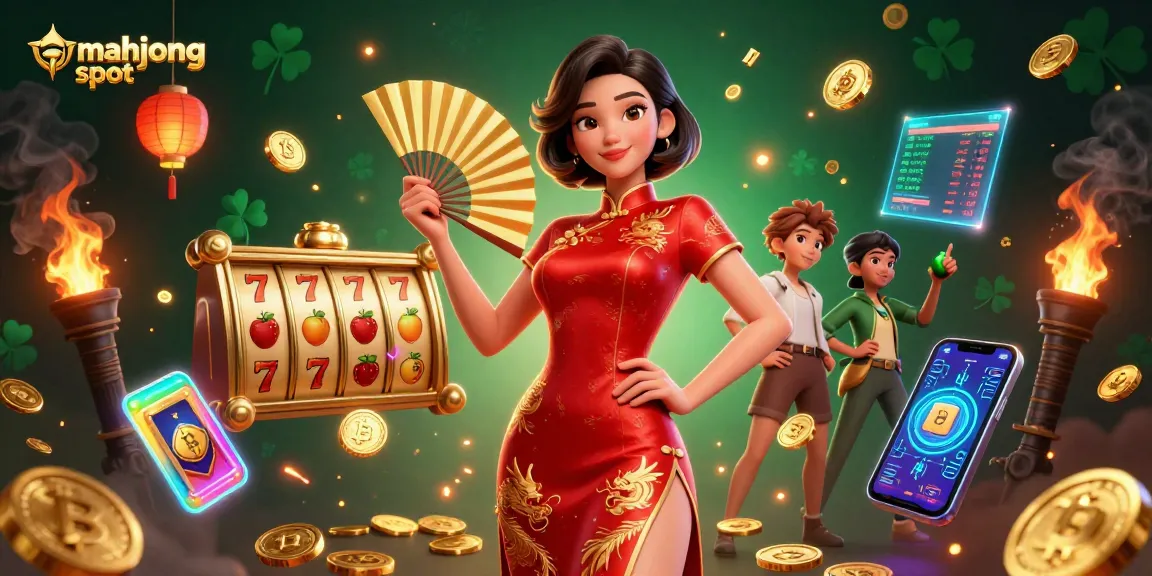 Engage with the mahjong slot experience featuring an elegant Asian woman amidst rich casino elements.