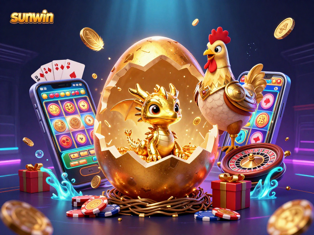 Experience thrilling games with sunwin as a golden dragon emerges from a nest of poker chips.