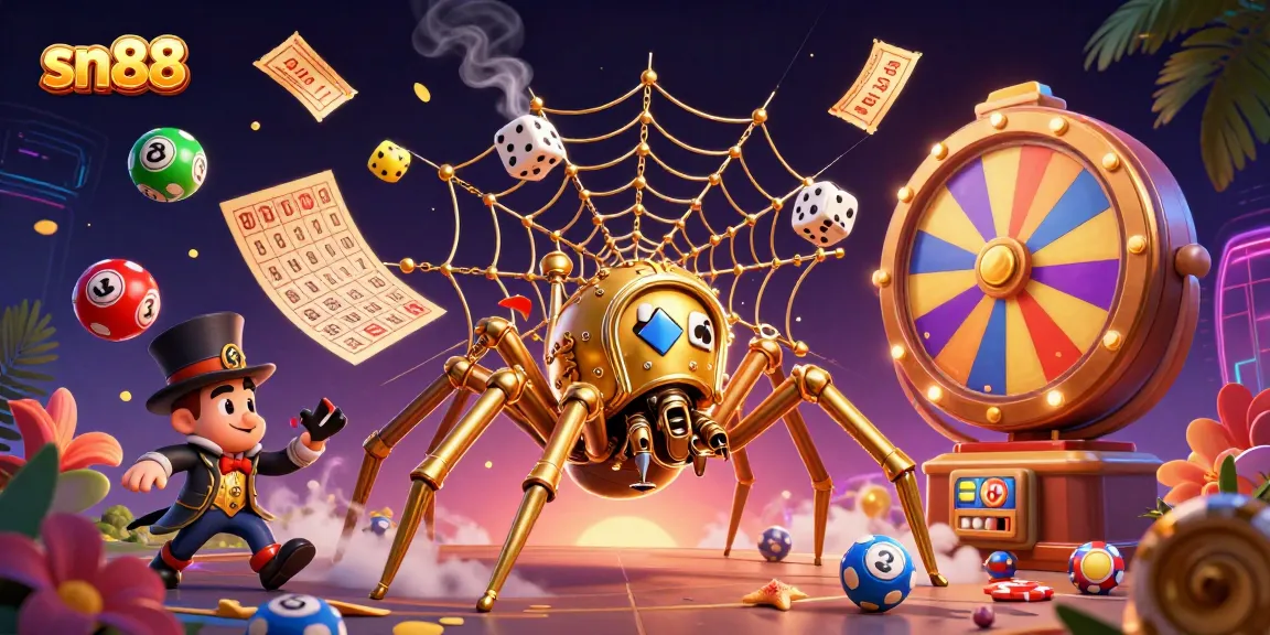Experience sn88's exciting games with a cartoon scene of a golden spider and dynamic casino elements.