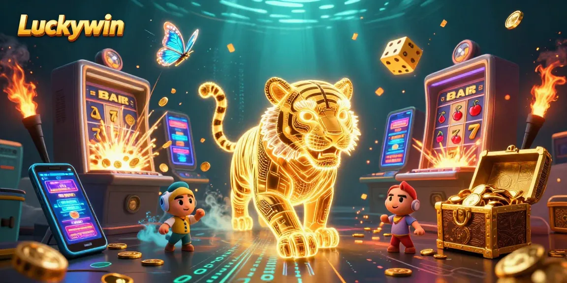 Play and win with Luckywin in this vibrant digital casino scene featuring a golden tiger and slot machine.